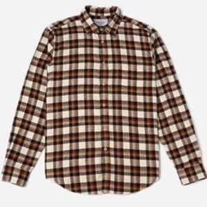 Portuguese Flannel Brownie Plaid Brown Cream Button Up Shirt size small EUC